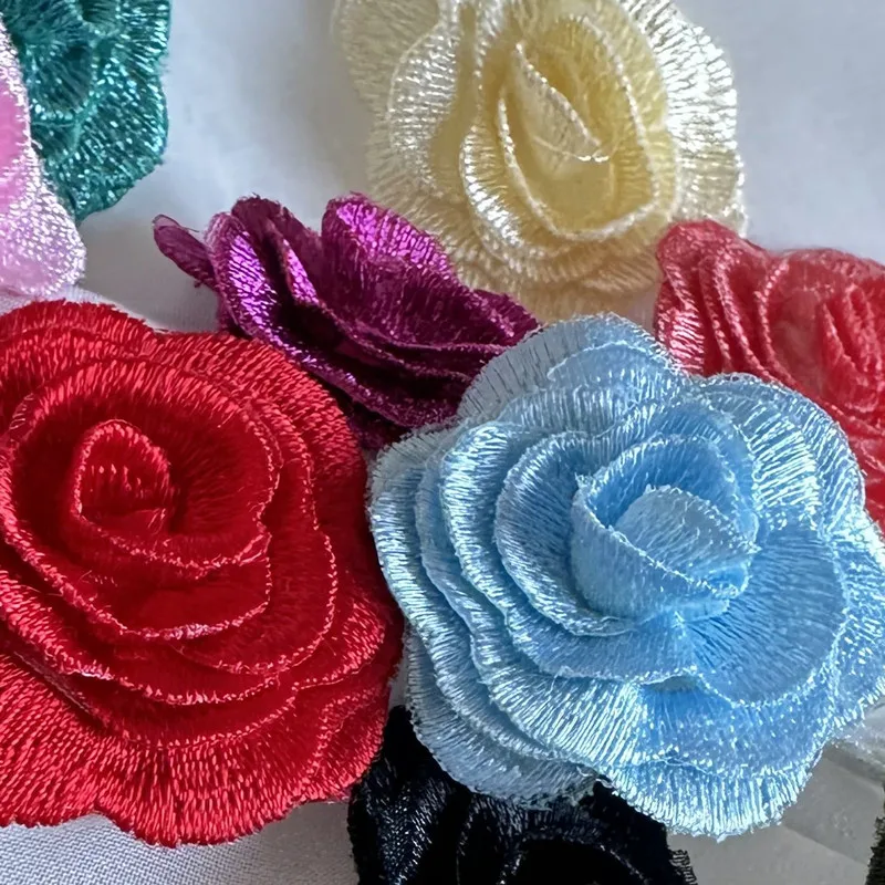 10Ps 3d Small Rose Flower Patches Embroidery Patch Military Applique Sew Clothing Wedding Evening Dress Accessory Gold Blue Red