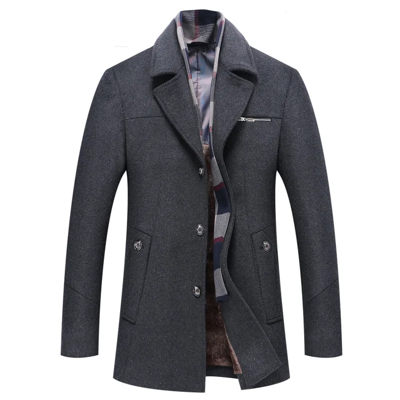 New Winter Men Wool Business Casual Trench Coats Fleece Warm Long Jackets Quality Male Scarf Collar Trench Jackets Size 4XL