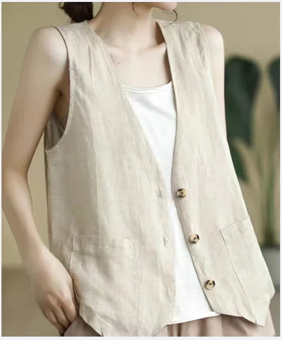 Women's Linen Vest Summer Casual Sleeveless Cardigans Jacket Loose Thin Casual Button Vest Top Female Streetwear Vest Coat