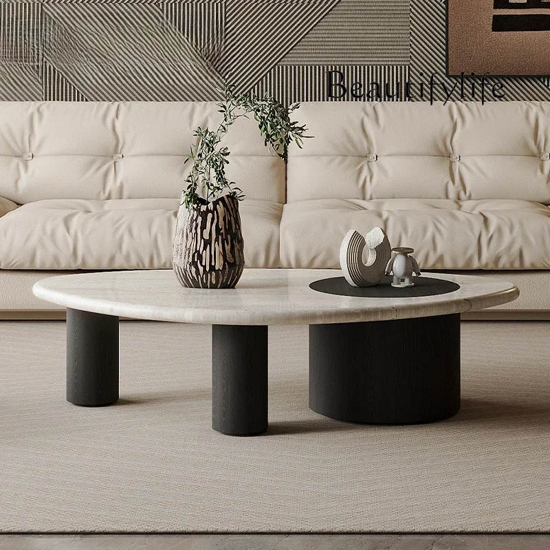 Superficie in pietra bianca naturale + legno massello di rovere/tavolino da caffè moderno in marmo ovale color crema