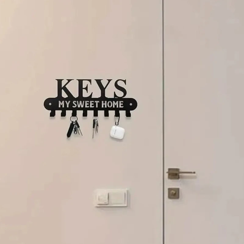 1pc Black Metal Key Holder for Wall Decorative Small Black Entryway My Sweet Home Sign Key Hanging Hangers Wall Mounted Racks