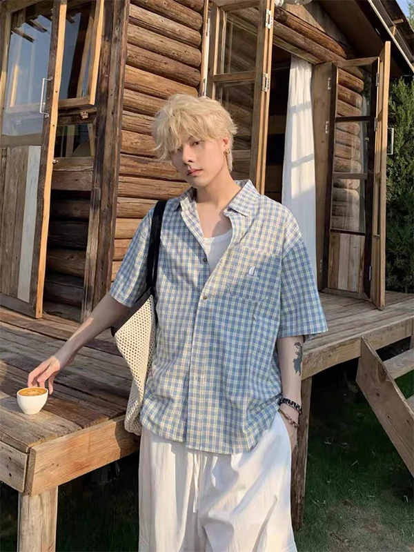 

Blue Plaid Short Sleeve Men's Shirt Trendy Embroidery High Cool Feeling Half Sleeve Shirt Summer Breathable Outerwear