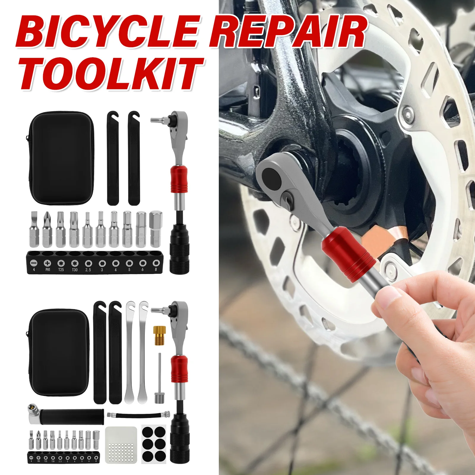 

Портативный комплект для ремонта велосипеда из алюминиевого сплава, набор ключей с храповым механизмом, 10 магнитных сверл и ящиком для хранения велосипедов