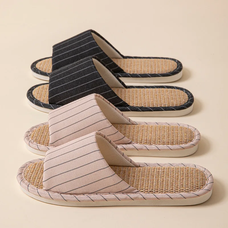 

Stripe Linen Women's Slippers Home Spring Summer Luxury Designer Woman Shoes Hemp Indoor Slides Couple Soft Non-Slip Lightweight