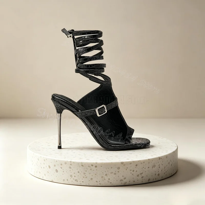 Black Alligator Print Flip Flop Buckle Twine Sandals Lace Up Women Shoes Thin High Heels Party Banquet 2026 Zapatos Para Mujere