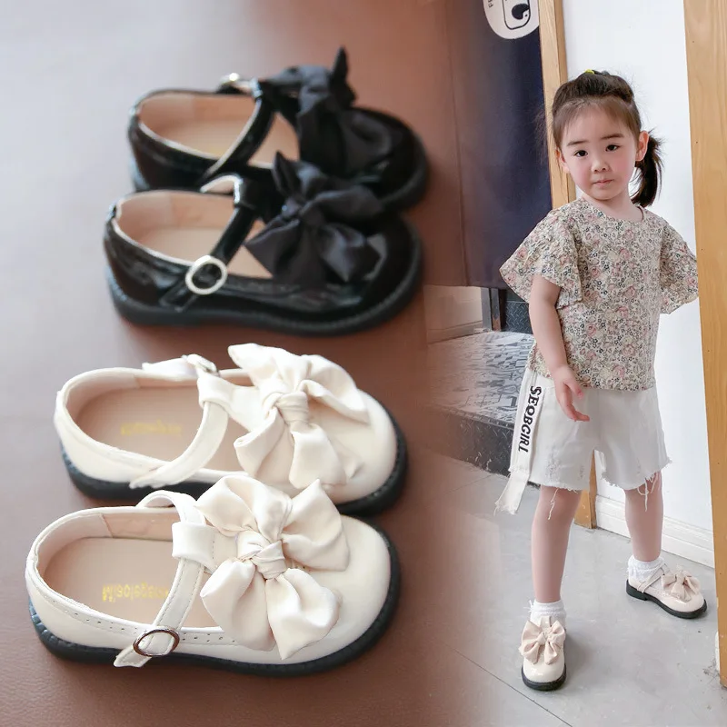 Children Leather Shoes for Girls Princess Sweet Big Bowtie Black Beige for School Party Wedding Flats Spring Autumn Brand New