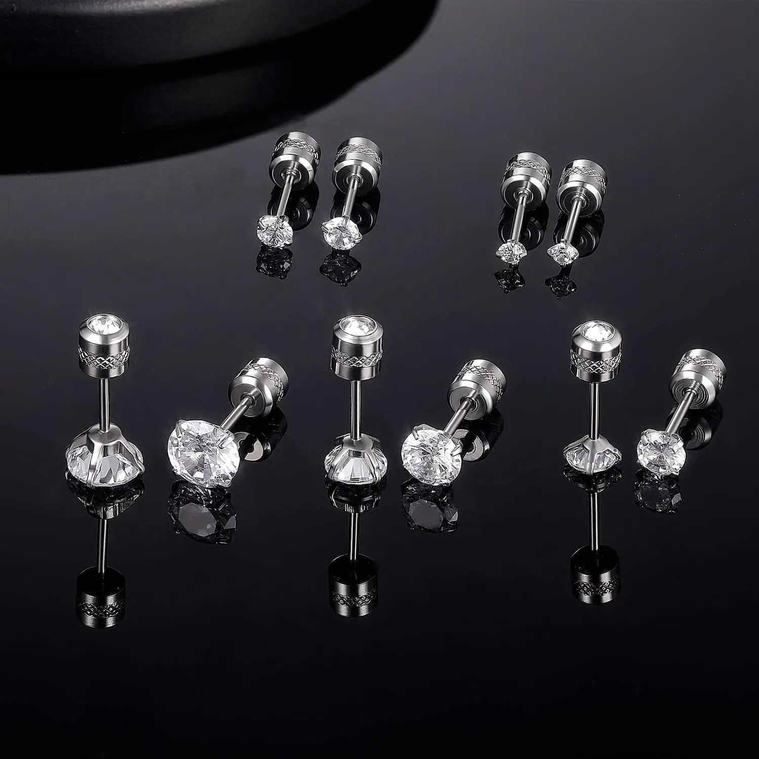 6 Pairs Screw Back Stud Earrings Set Surgical Stainless Steel Double Sided Round Cubic Zirconia Earrings for Women Men