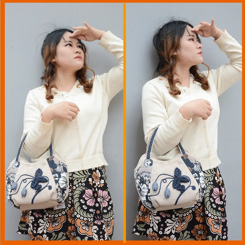 Handwoven Canvas Tote Bag with Multiple Compartments Zipper Closure Casual Style Multi-layer Handheld Bag for Women