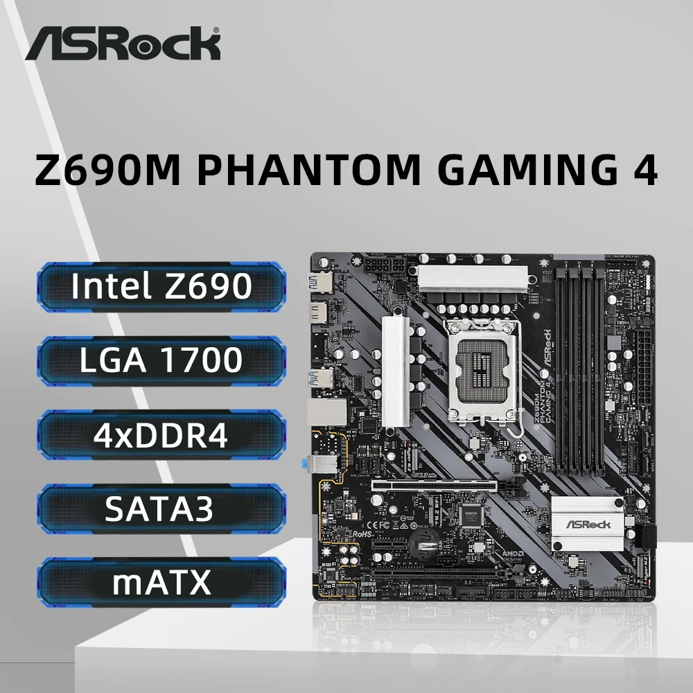 ASRock Z690M PHANTOM GAMING 4 Motherboard Support Socket LGA1700 i9-14900K i7-12700K i5-12400F CPU 4xDDR4 5333MHz PCIe 4.0 mATX