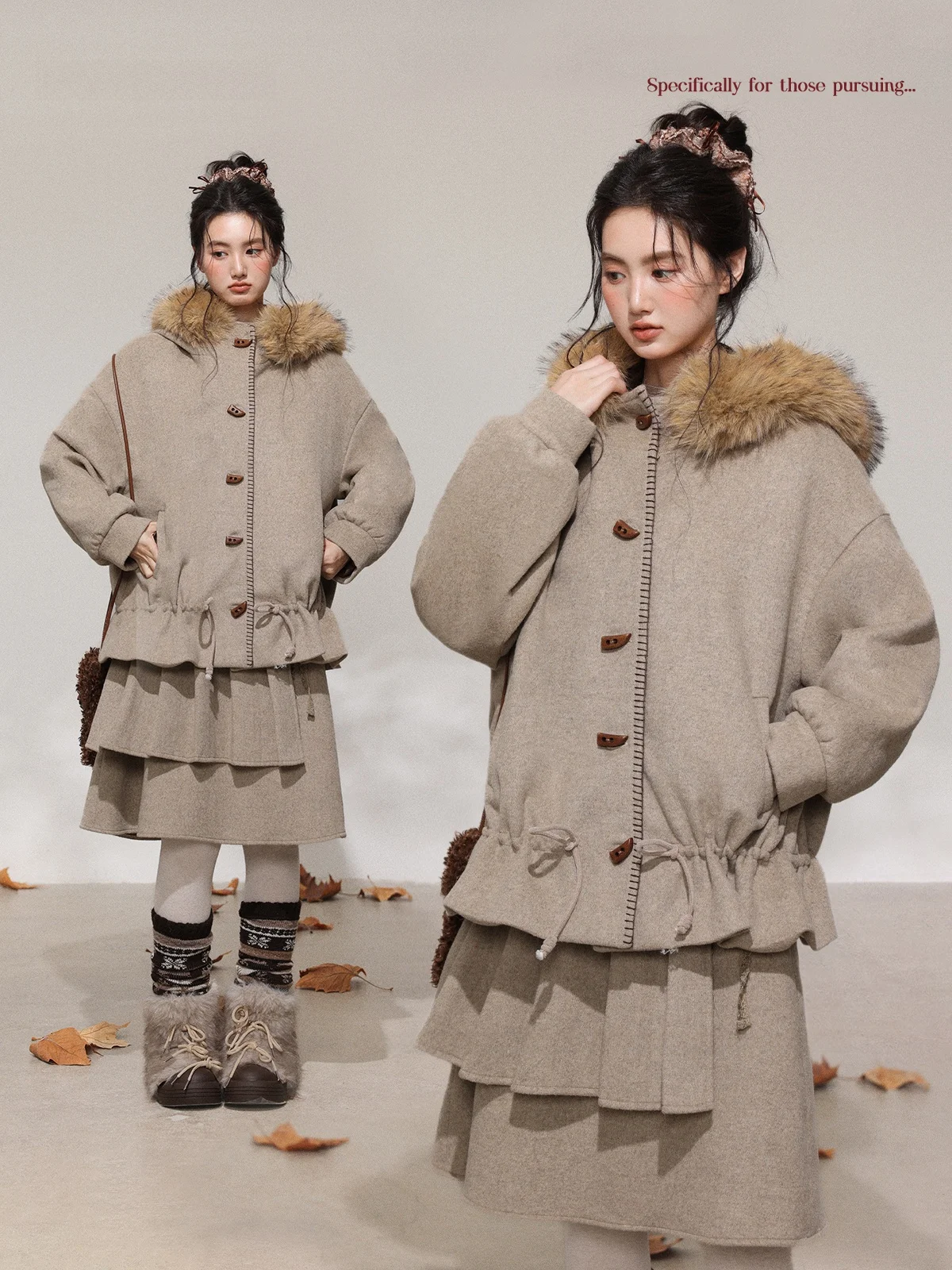 

Свободное женское зимнее пальто с фруктовым чаем и меховым воротником, повседневный комплект больших размеров Faion, корейский комплект для поездок на работу