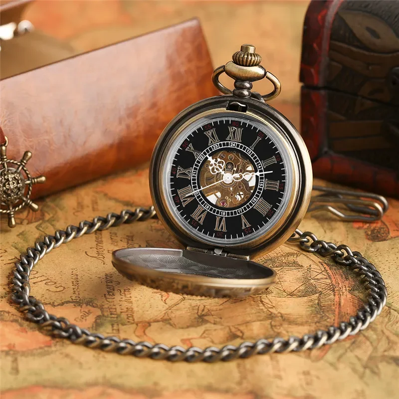 Antique Style Men Women Hand Winding Mechanical Pocket Watch Roman Numerals Display Skeleton Watches FOB Pendant Chain Gifts