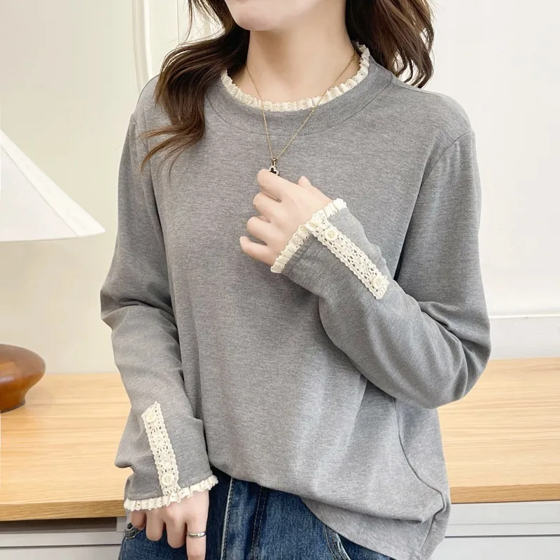 Women Lace Trim Long Sleeve Top Soft Loose Hide Belly Thermal Base Shirt Can Be Worn Outside Casual Pullover