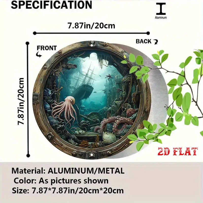 2D Flat, 1pc Nautical Porthole Wall Decor - Octopus & Underwater Shipwreck Scene Metal Sign, Rustic Coastal Wall Art with Pre-Dr