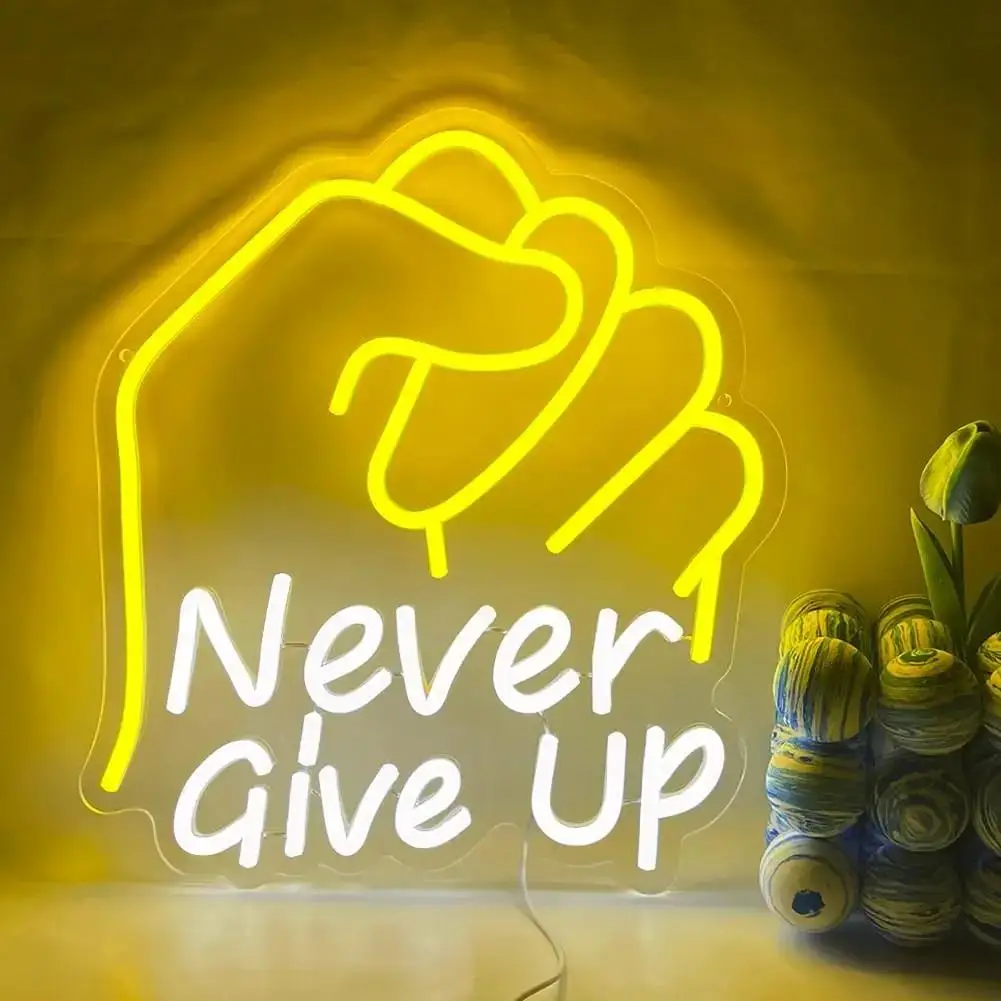 Never Give Up Fist Neon Sign USB Dimmable LED Inspirational Wall Decor for Home Gym Study Bedroom Club Bar Graduation Party Gift