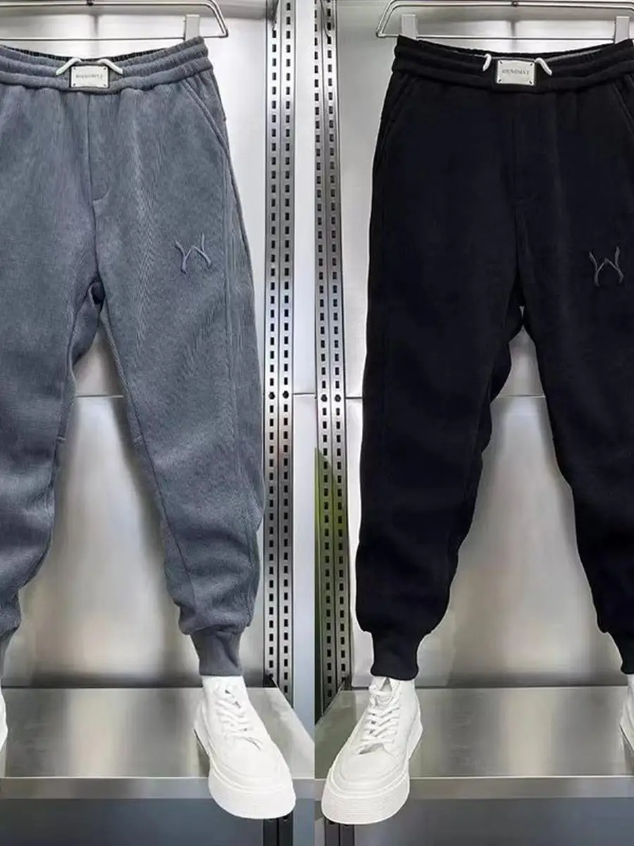 

Autumn Winter New Sle Men's Casual Pants Loose Fit Elastic Waist Embroidered Spor Velvet Leggings Cleanfit Universal Sle