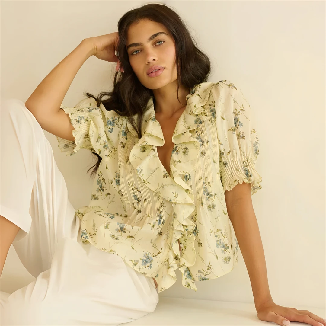 

Classic Style Floral Print Shirt French Country Style Loose Fit Cotton Bubble Sleeve V-Neck Short Sleeve Breathable Skin-Frie...