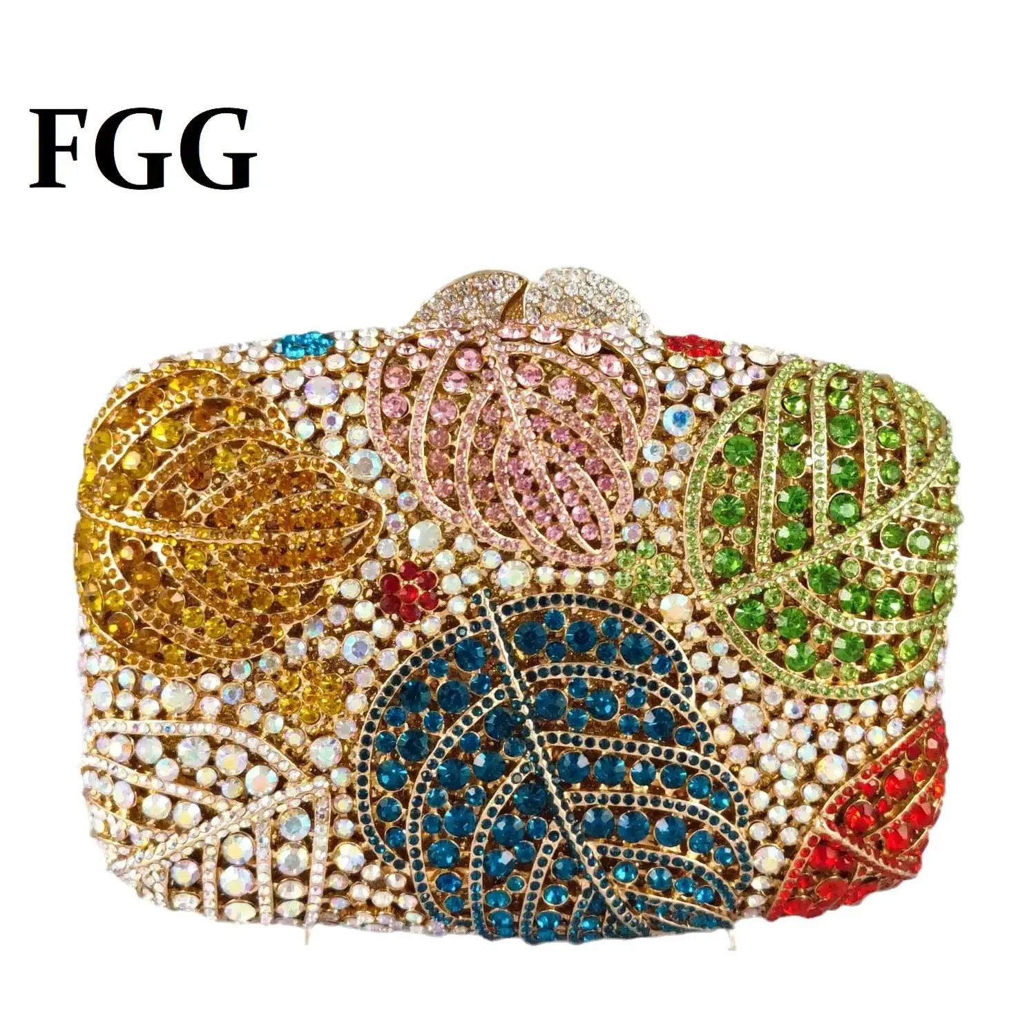 

Boutique De FGG Colorful Women Leaf Crystal Clutch Evening Handbags Diamond Minaudiere Purse Wedding Party Dinner Rhinestone Bag