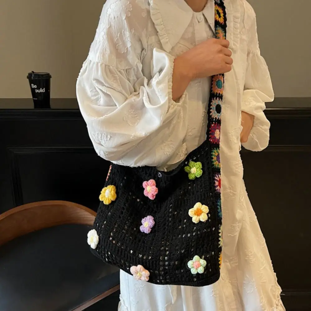

Boho Knitting Shoulder Bag Ethnic Style Floral Bohemian Crochet Crossbody Bag Lazy Style Hollow Out Casual Woven Handbag Summer