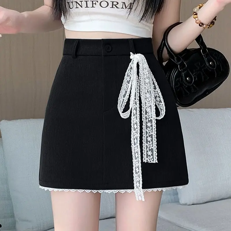 Womens High Waist Lace Trim Bow Tie Decor A Line Mini Skirt