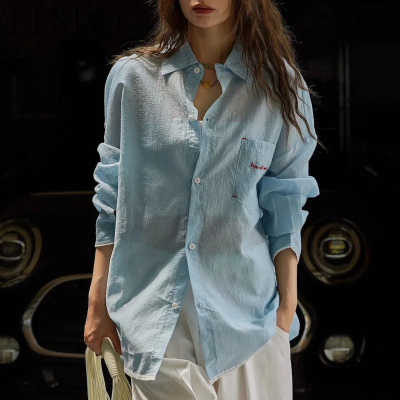 

LIMO Women’s Lazy Style Blue Checkered Shirt Casual Embroidered Lapel Pocket Designer Elegant Top Spring Summer 2025