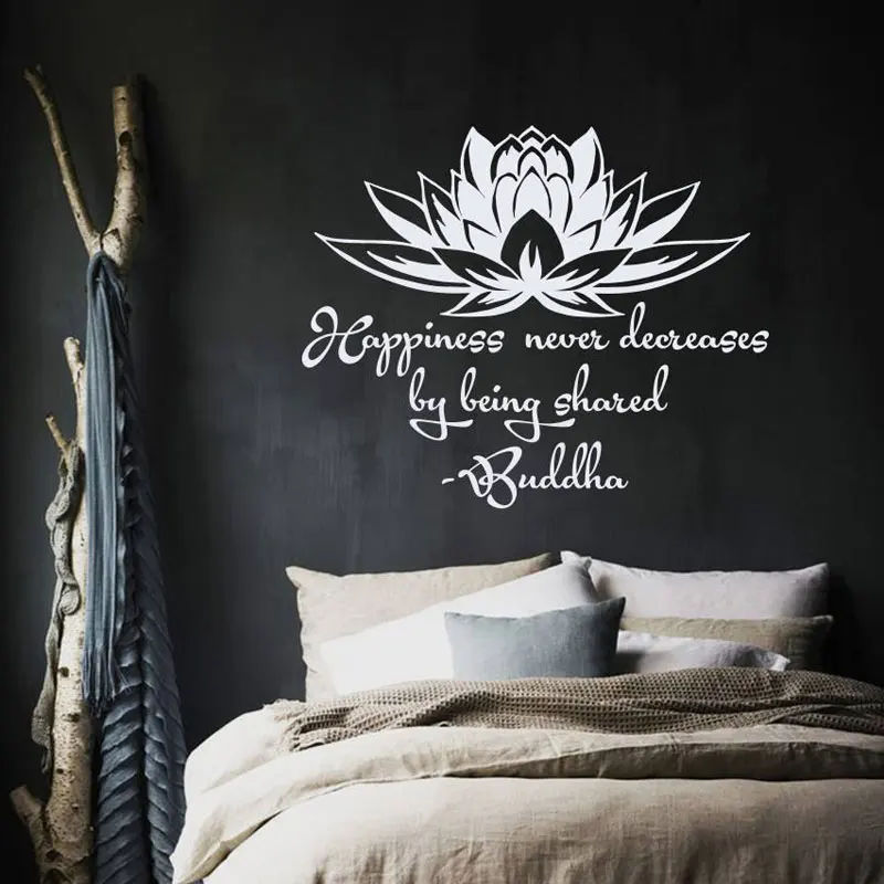 Wall Decal Quote Happiness Never Decreases By Being Shared Buddha Lotus Meditation Wisdom Yoga Studio Vinyl Sticker Murals B717