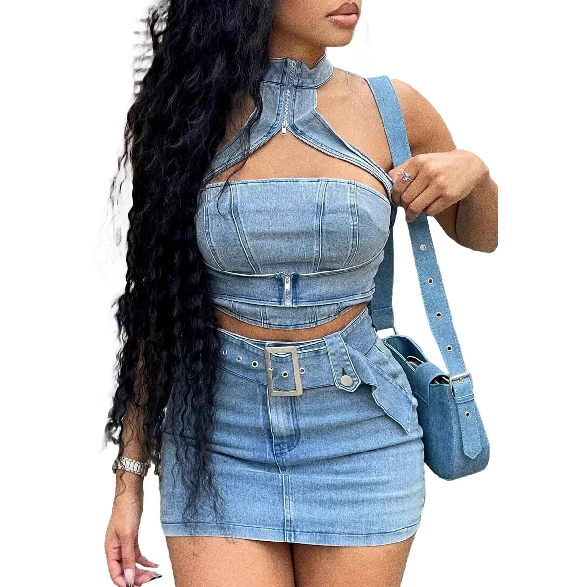 

Denim Dress Sets Mini Wrap Buttocks Dress Slim Sheath Bodycon Two Pieces Sashes Sexy Pullover Tops Washed High Street Spliced