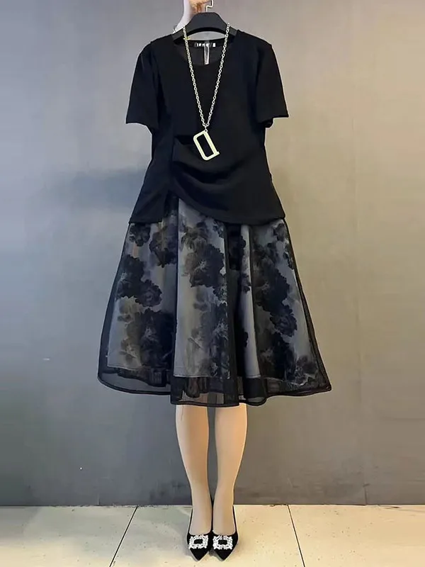 

plus Size Women's Summer New round Ne Pleated T-irt Lace Skirt Casual Sli Two-Piece Set Faionable Commute Lady Sle
