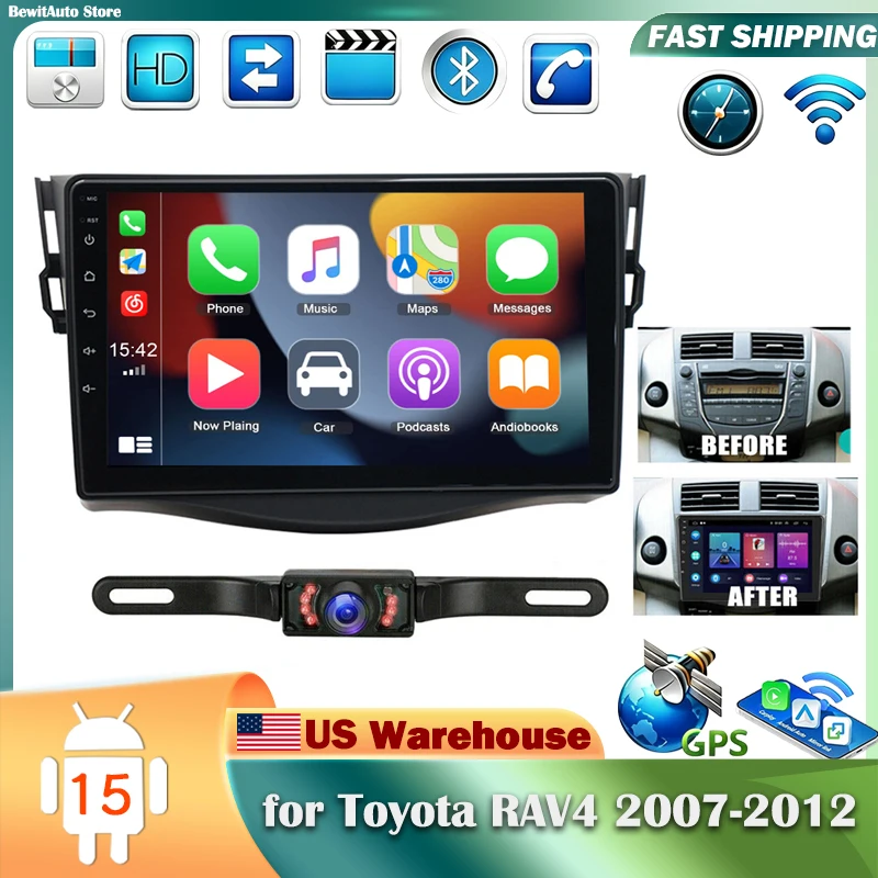 Android 15 Car Stereo Multimedia Video Player GPS Navigation 2DIN 9in 2+32G for Toyota RAV4 2007-2012 Car Intelligent System with Carplay Android Auto Split Screen Bluetooth AHD Camera and Microphone