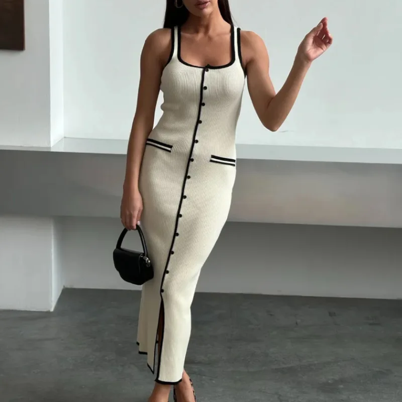 

Модное однобортное трикотажное платье контрастного цвета, сексуальное облегающее платье без рукавов с квадратным воротником, новое летнее длинное платье на подтяжках