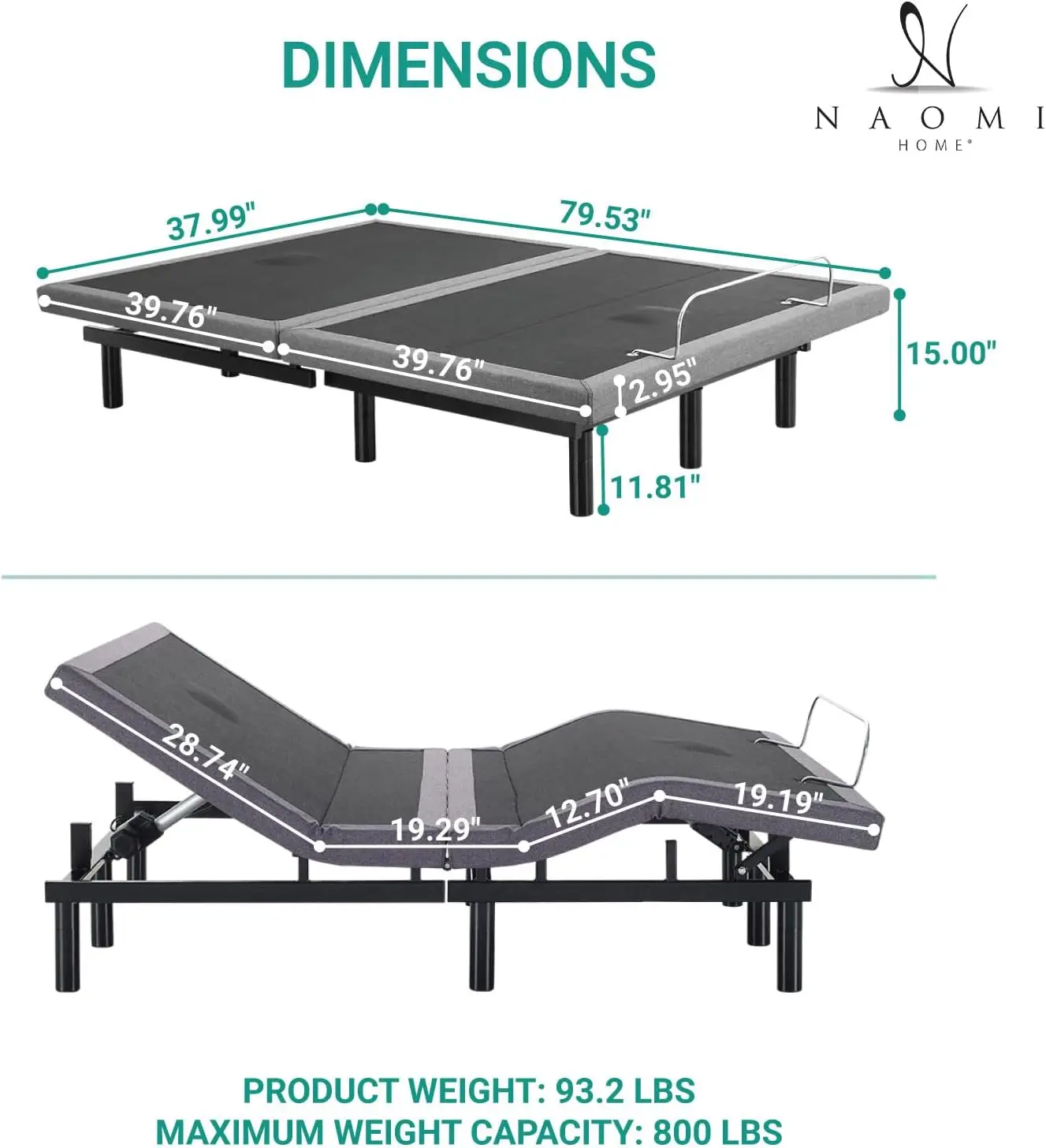 adjustable bed frame twin with Lumbar Support & Head Tilt, Foot Incline, Back & Leg Massage, USB Ports, Massage Bed with Wireles