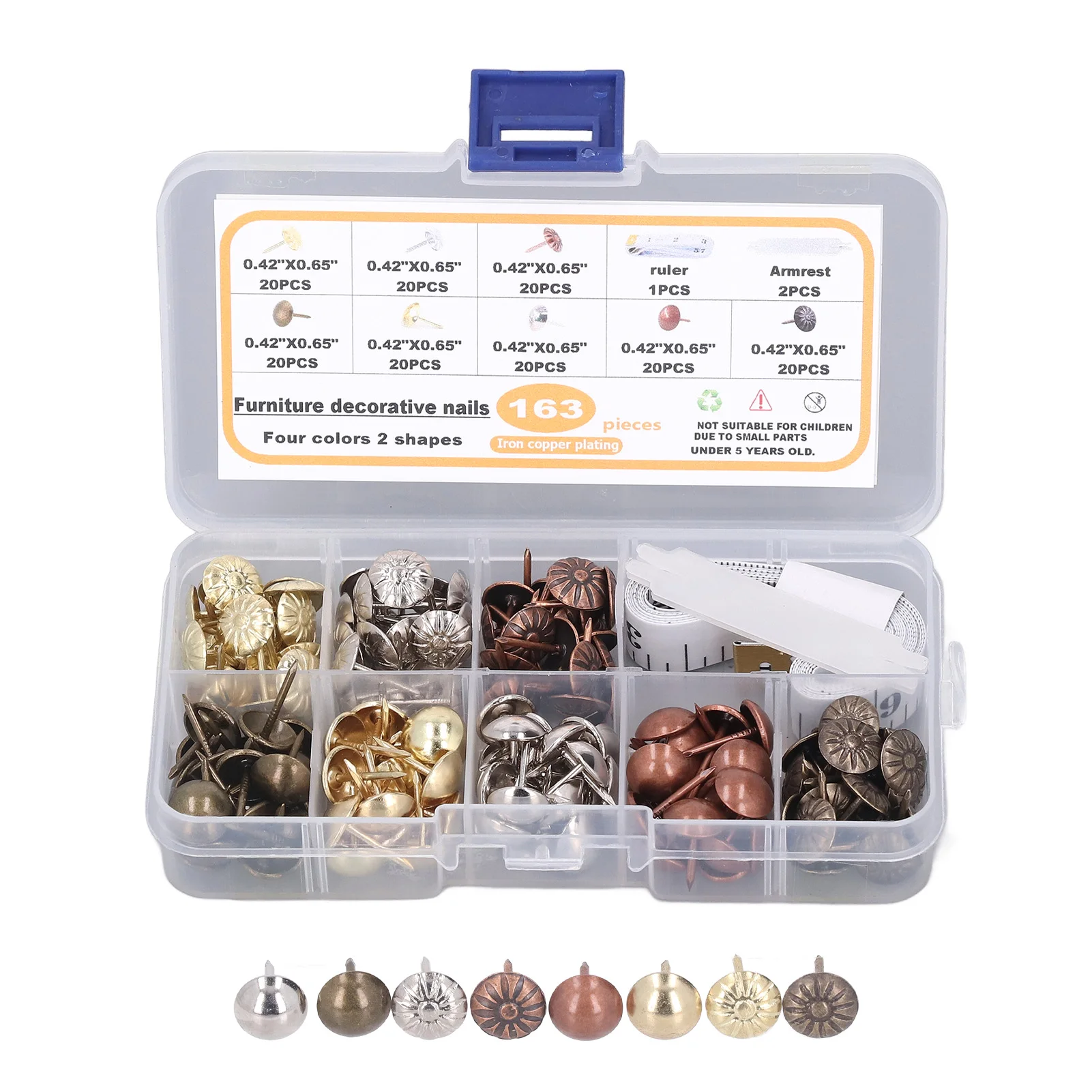 163Pcs Upholstery Tack Carbon Steel Rustless Corrosion Resistant Antique Decorative Nail for Furniture Painting