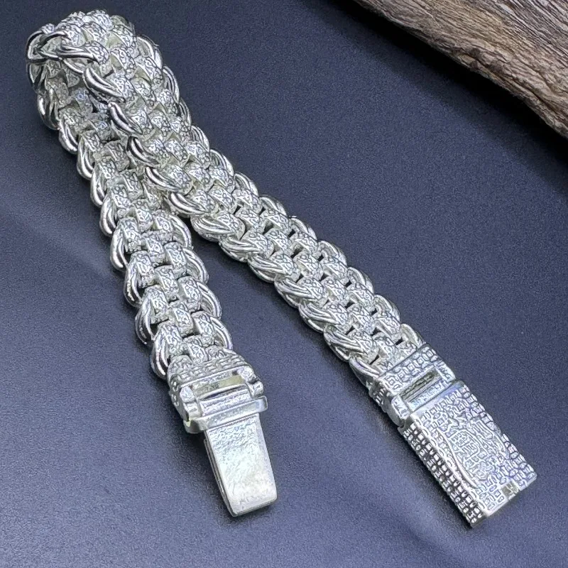 Vintage Thick Double Link Bracelet, Antiqued Silver with Ornate Carved Buckle Wrist Ornament