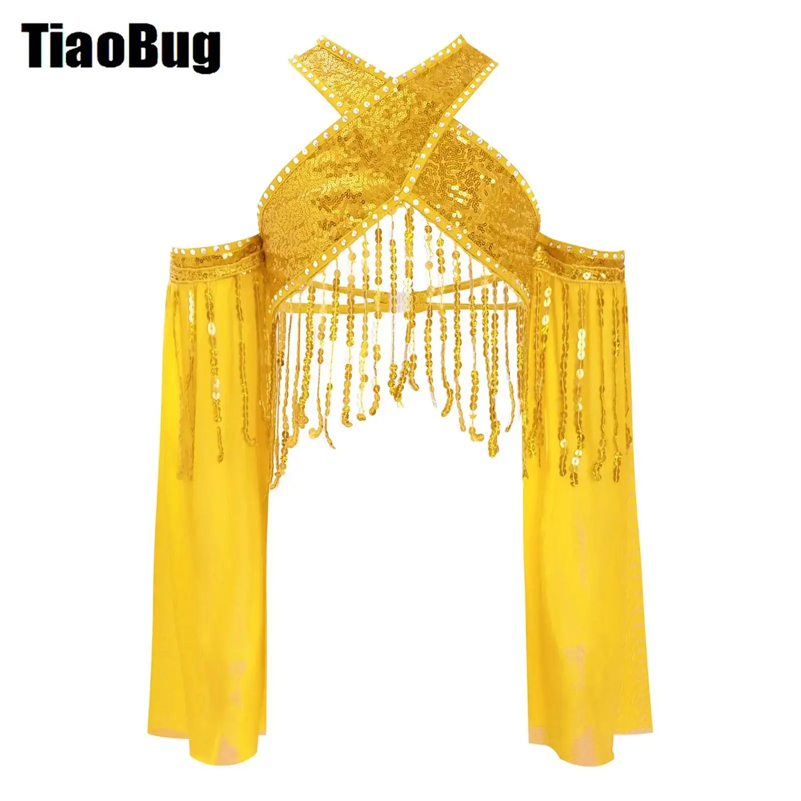 

Kids Girls Sequin Tassels Jazz Tops Stage Performance Costume Sheer Mesh Flared Sleeves Sparkling Cross Dance Crop Top