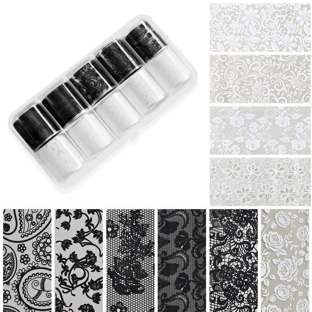 Sexy schwarz-weiße Spitzen-Nagelkunst-Transferaufkleber, 10 Rollen floraler, wasserfester Nagelfolie zum vollständigen Umwickeln, einfach anzuwendende selbstklebende Maniküre – Detail 17