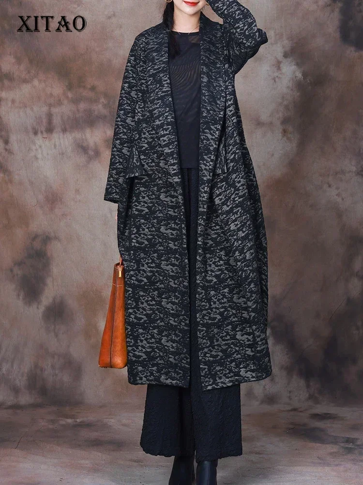 

XITAO Vintage Print Loose Trench Full Sleeve Cardigans Casual Irregular Temperament 2025 Spring Women New Fashion Coat DMJ2232