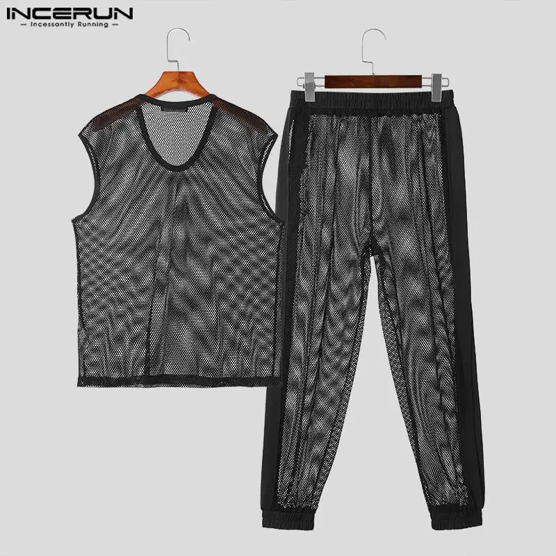 Men Sets Mesh Transparent Sexy Streetwear V Neck Sleeveless Tank Tops & Pants 2PCS Summer 2024 Fashion Men\'s Suits S-5XL INCERUN