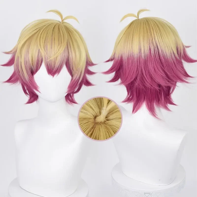 Anime Blue Lock Alexander Ness Peruca de Cosplay, Dourado, Rosa, Vermelho, Cabelo Curto, Resistente ao Calor, Sintético, Acessórios de Festa de Halloween, Adereços