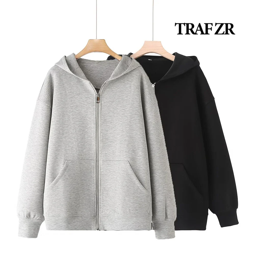 

TRAF ZR Normcore HOODED JACKET with Zipper Basic Overcoat Front Patched Pockets Classic Long Sleeve Bomber Jackets Casual Coats