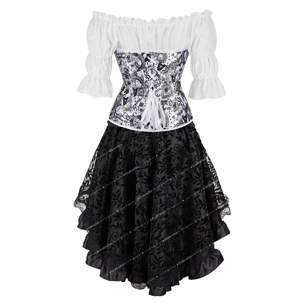 Women Corset Skirt Blouse 3 Piece Sexy Printing Bustiers Steampunk Korsett Burlesque Bustier Outfits Halloween Costume Plus Size
