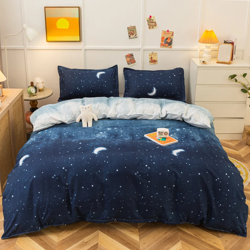 1PC Quilt Cover: Dark Blue (Light Blue Cloud Accent), Star & Crescent, Quiet Starry Vibe, Skin-Friendly, Fits Single/Double
