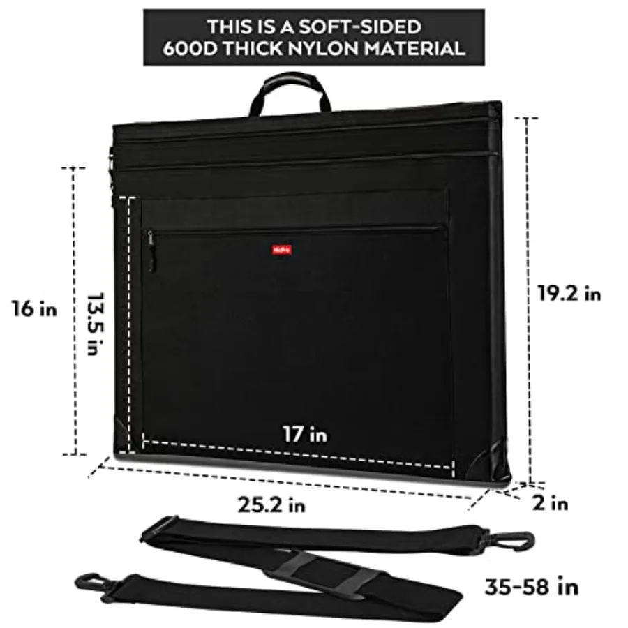 Bolsa de portafolio de arte ligera, funda de lona negra de 18x24 pulgadas con correa de hombro desmontable y esquinas de cuero para proteger