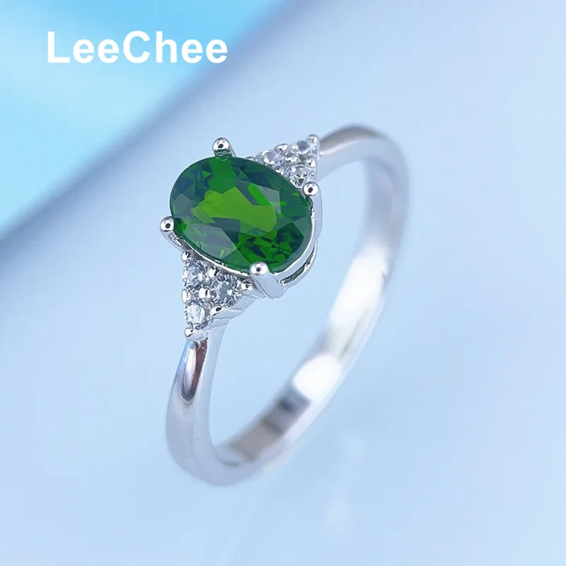 S925 Strling Silver Ring for Women Anniversary Party Gift Natural Green Gemstone Fine Jewelry 5*7MM Oval Chrome Dopside Ring