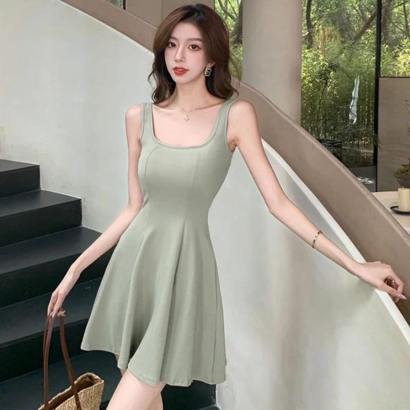 

Women Square Neck Sleeveless Summer Dress Slim Elastic Exercise Tennis Dress One-Pieces Sexy Suspenders A-LINE Mini Dress