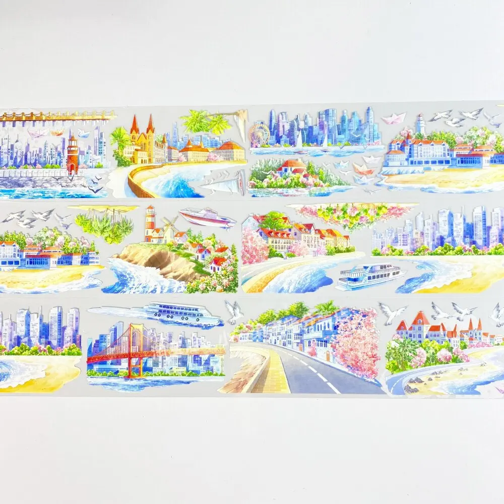 1 Loop Washi PET Tape Coastal Town Cruise Bird Pattern Sticker Journal Decoration DIY Stationery Adhesive Sticker for Scrapbook