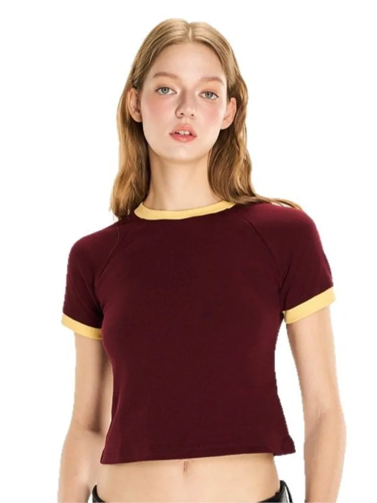 

Women's Clothing Short-sleeved T-shirt Contrast Color All-match Simple Style Trendy Slim Tops Temperament Fashion Commuting Hot