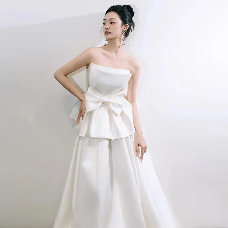 PJN 2025 NEW Bow Strapless Wedding Dress Bride Luxury White Satin Reception Snapshot Party Dresses Women Prom Long Evening Dress