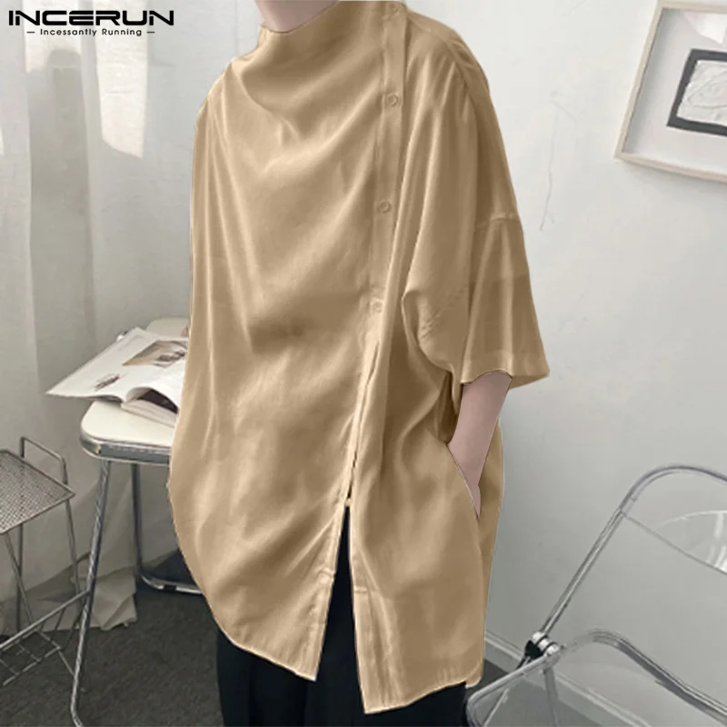 

INCERUN Tops 2024 Summer Men's Shirts Side Placket Mid Length Shirts Casual Irregular Loose Half Sleeved Solid Blouse S-5XL Tee