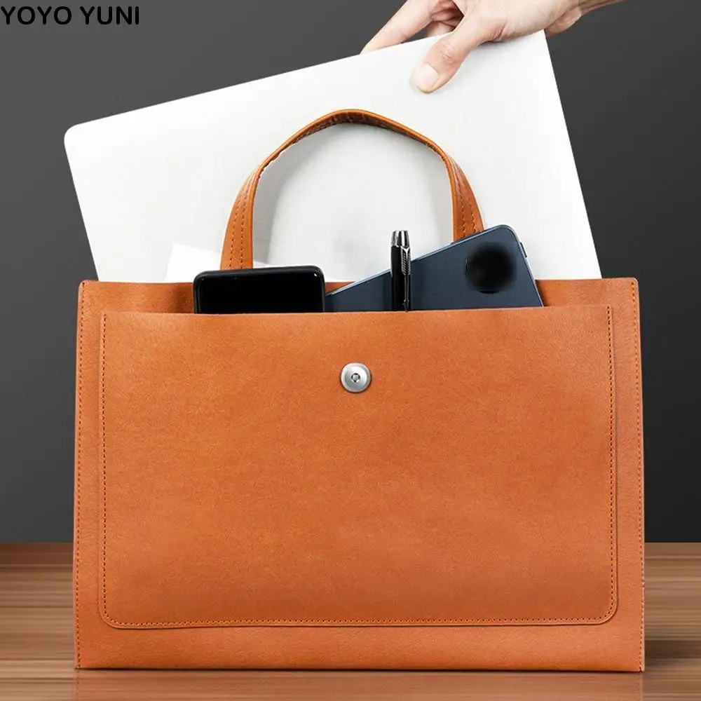 

Large Capacity A4 Leather Document Bag Magnetic Button Simple Double Layer File Folder Lightweight with Handle