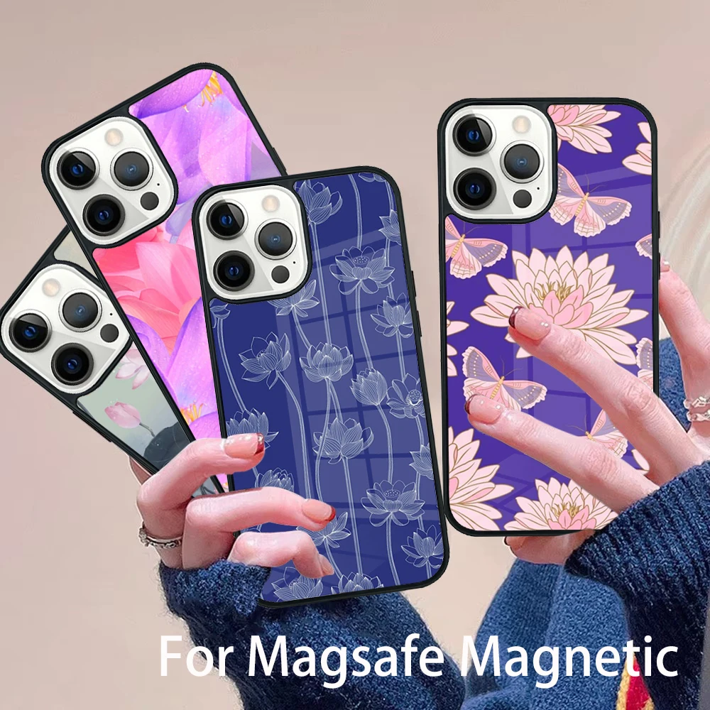 

Lotus Flower Phone Case Magesafe Magnetic Wireless Charge Cover For IPhone 16 11 12 13 14 15 Pro Max Plus Mini