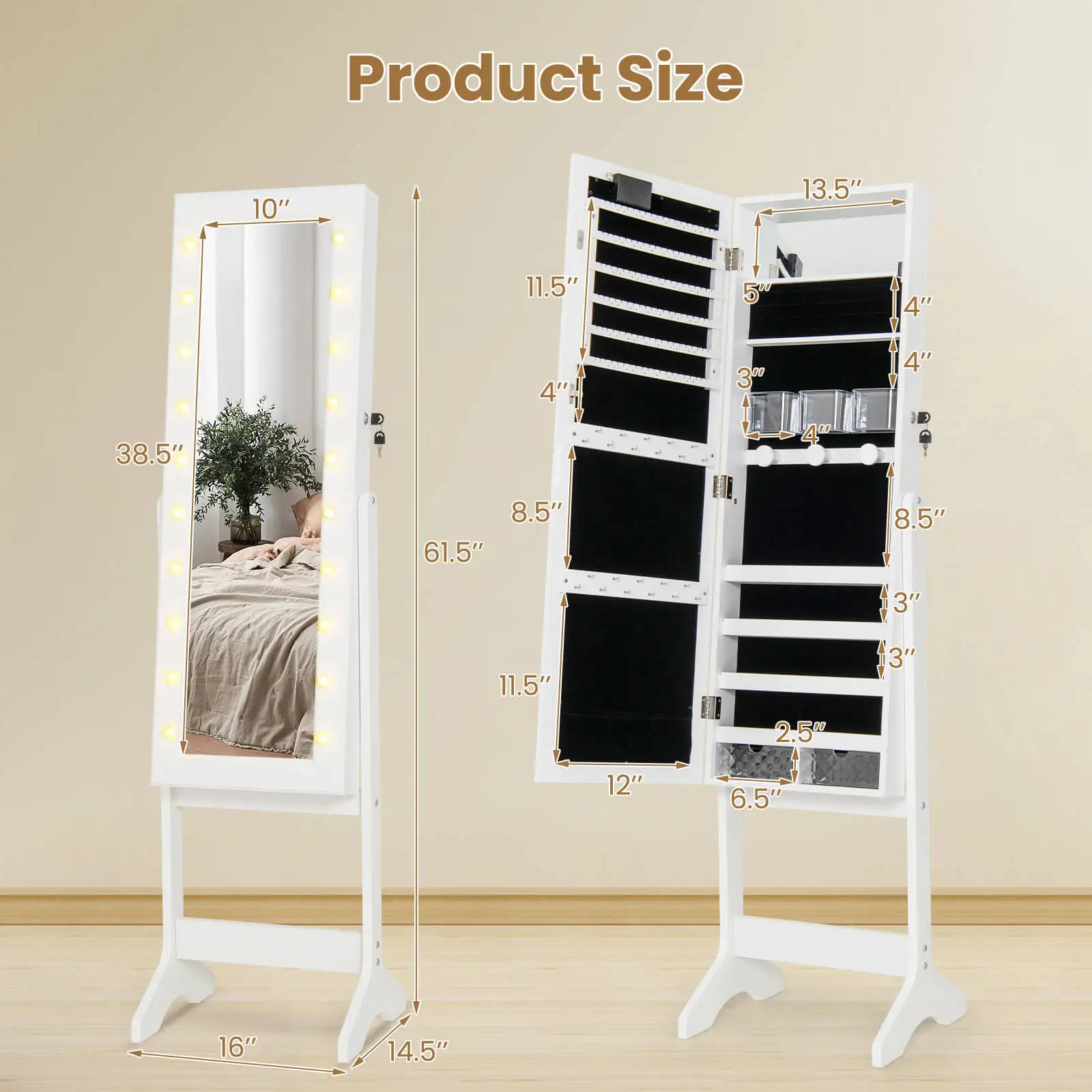 LED Mirror Jewelry Cabinet w/20 LED Lights Full-Length Mirror Adjustable Angles